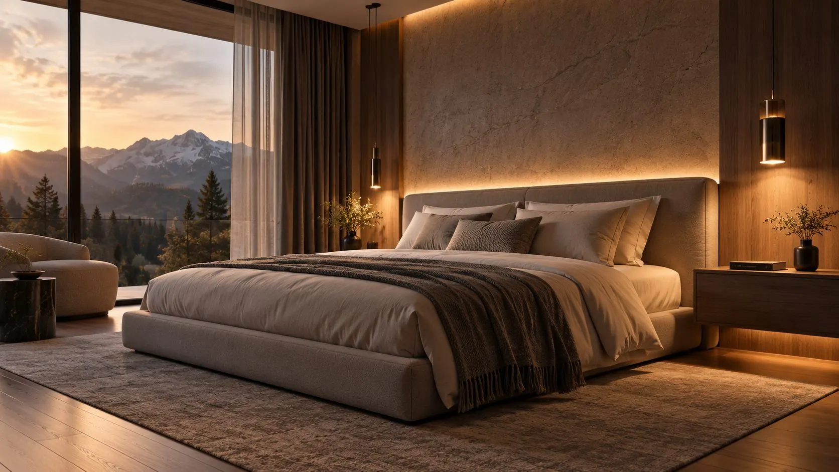 Schlafzimmer mit Lichtvoute hinter dem Kopfteil und zwei Pendelleuchten